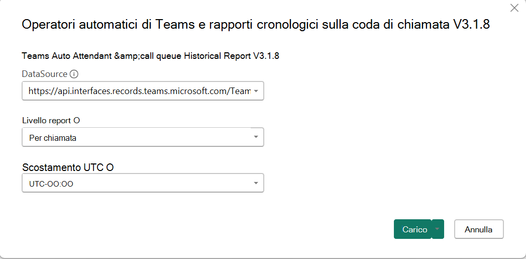 Screenshot che mostra le selezioni DataSource, Livello report e Offset UTC.