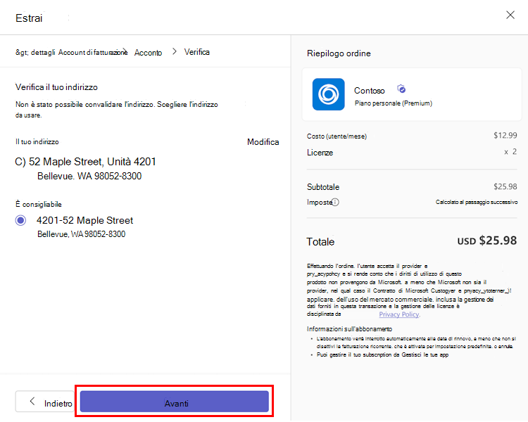 Screenshot che mostra la finestra di dialogo di verifica dell'indirizzo di fatturazione quando gli amministratori acquistano un'app.