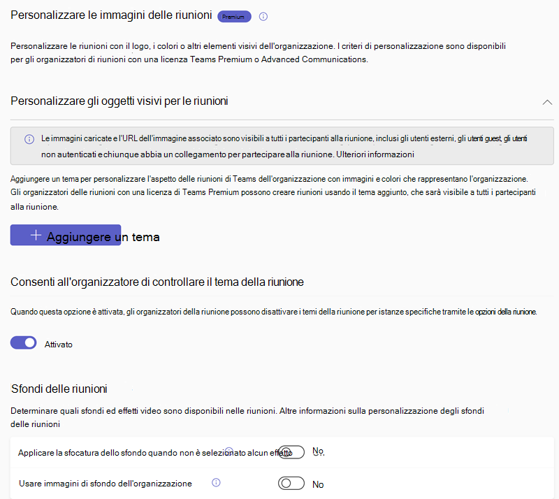 Screenshot dei criteri di personalizzazione delle riunioni di Teams nell'interfaccia di amministrazione di Teams.