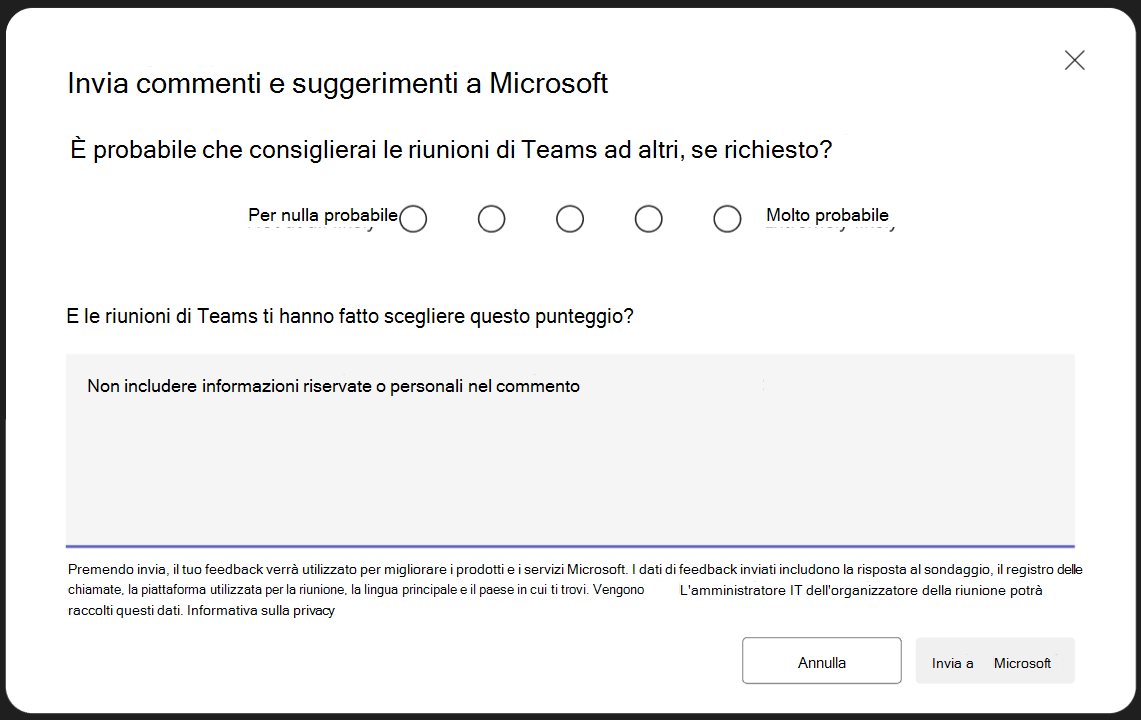 Screenshot di un sondaggio ricevuto dai partecipanti anonimi alla riunione per fornire feedback sull'esperienza di riunione di Teams.