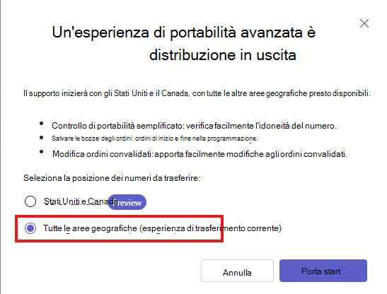 Screenshot che mostra la procedura guidata porta numero dell'interfaccia di amministrazione di Teams per tutte le aree geografiche.