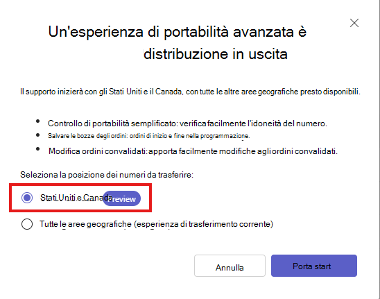 Screenshot che mostra la procedura guidata per la porta numero dell'interfaccia di amministrazione di Teams per Stati Uniti e Canada.