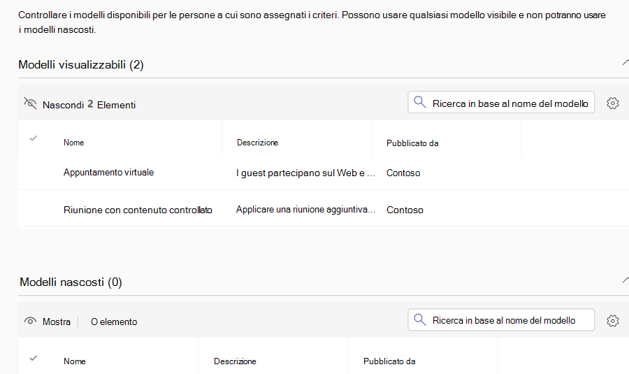 Screenshot dei criteri del modello di riunione di Teams nell'interfaccia di amministrazione di Teams.