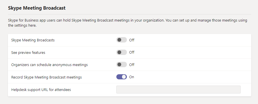 Screenshot delle impostazioni di Riunione Skype Broadcast nell'interfaccia di amministrazione.