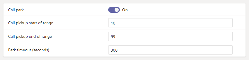 Screenshot dei criteri del parcheggio di chiamata di Teams.