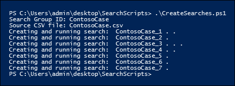 Output di esempio dall'esecuzione dello script per creare più ricerche di conformità.