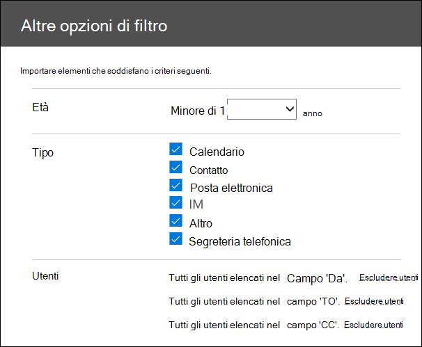 Configurare i filtri nella pagina Altre opzioni per tagliare i dati importati.