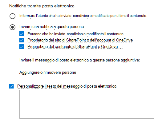 Email opzioni di notifica.