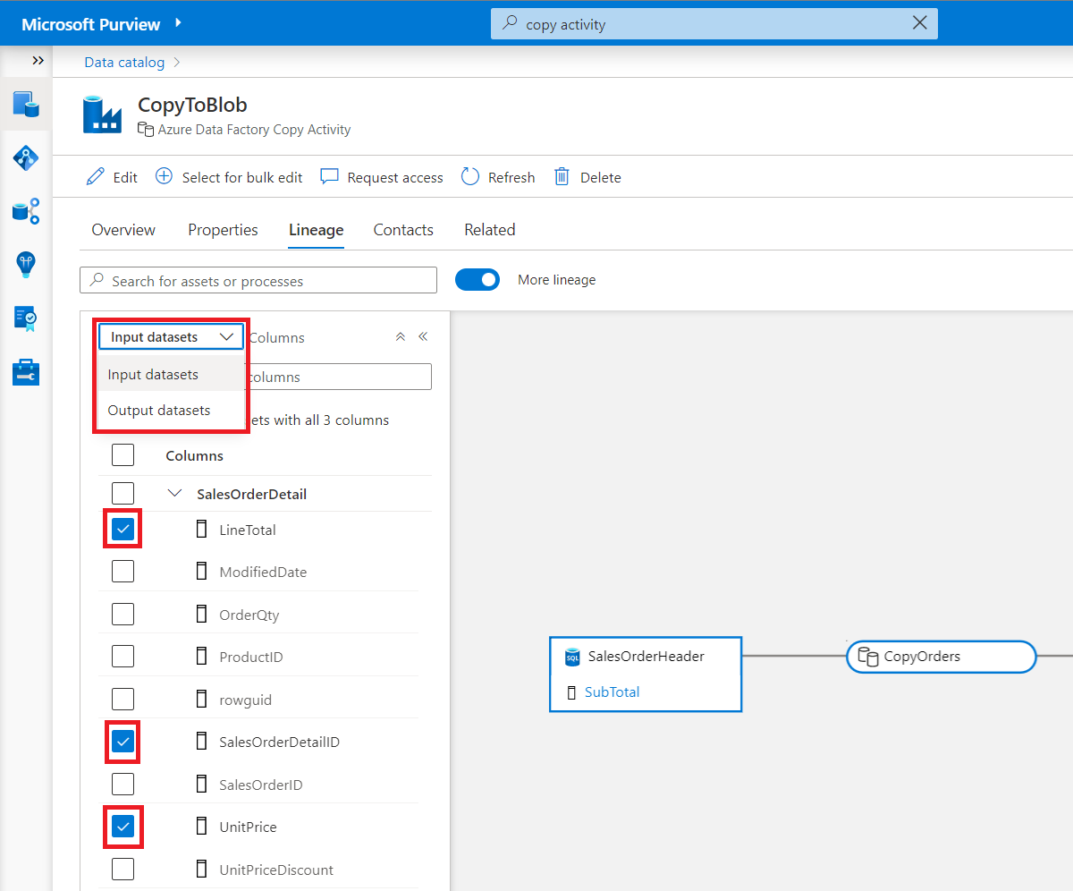 Screenshot che mostra la derivazione delle colonne di un nodo di processo.