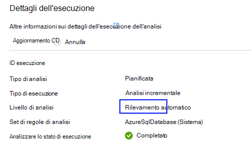 Screenshot che mostra il livello di analisi come rilevamento automatico.