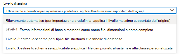 Screenshot che mostra l'elenco a discesa per la selezione dei livelli di analisi.