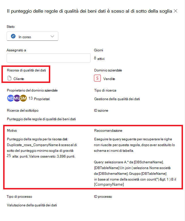 Screenshot dei dettagli di un'azione per la qualità dei dati.