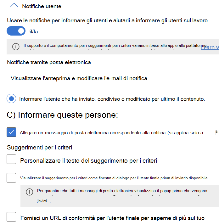 Opzioni di configurazione delle notifiche utente e dei suggerimenti per i criteri disponibili per Exchange, SharePoint, OneDrive, Teams Chat e Canale e Istanze