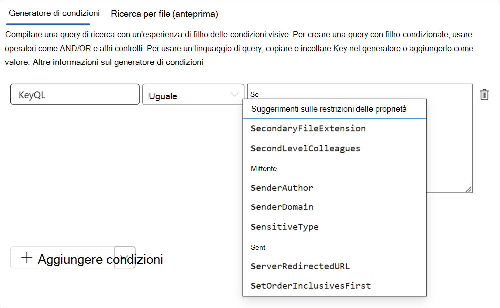 L'editor KeyQL suggerisce le proprietà supportate.