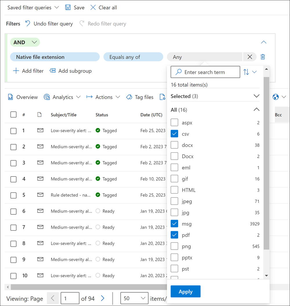 Query di esempio per tipi di file specifici in un set di revisione.