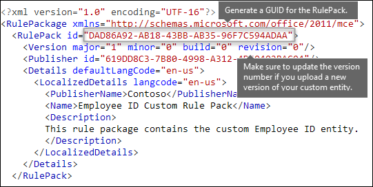 Markup XML che mostra l'elemento RulePack.