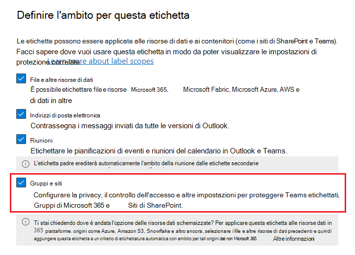 Opzione di ambito dell'etichetta di riservatezza per Gruppi & siti.