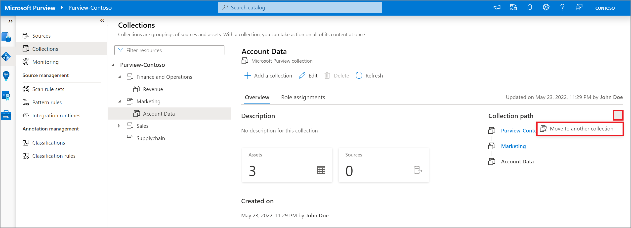 Screenshot della finestra del portale di governance di Microsoft Purview per spostare una raccolta, aprire la finestra della raccolta, i puntini di sospensione e passare a un'altra raccolta evidenziata.