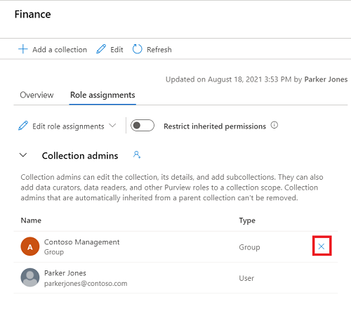 Screenshot della finestra di raccolta del portale di governance di Microsoft Purview, con la scheda assegnazioni di ruolo selezionata e il pulsante x accanto a uno dei nomi evidenziati.