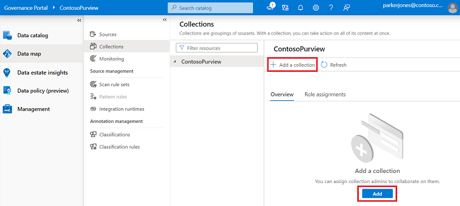 Screenshot della finestra del portale di governance di Microsoft Purview, che mostra la nuova finestra della raccolta, con il pulsante 