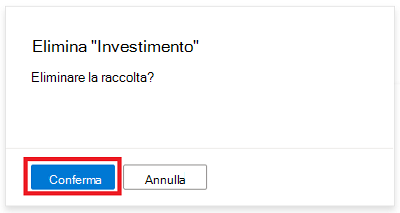 Screenshot della finestra del portale di governance di Microsoft Purview che mostra il messaggio di conferma per eliminare una raccolta