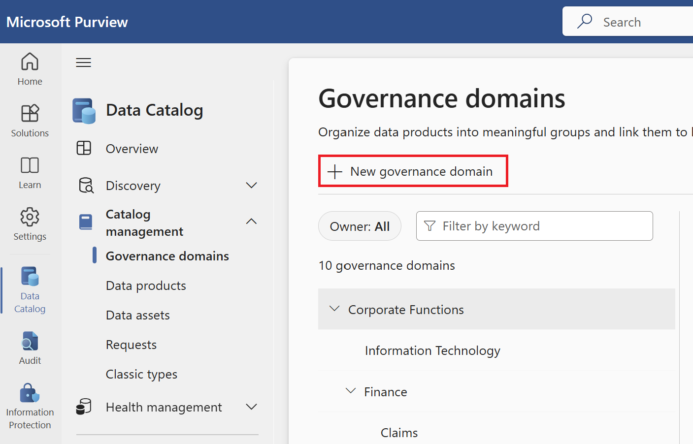 Screenshot della pagina domini di governance, con il pulsante nuovo dominio di governance evidenziato.