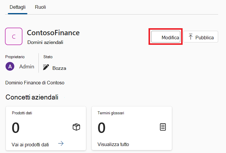 Screenshot di una pagina dei dettagli del dominio di governance con il pulsante modifica evidenziato.