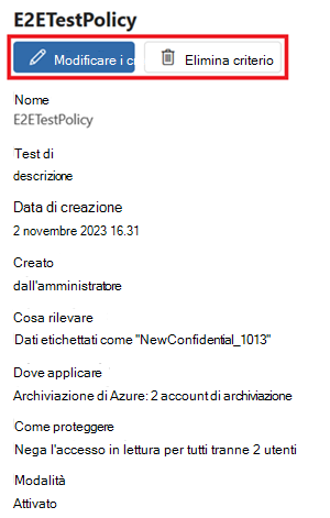 Screenshot di una pagina dei dettagli dei criteri, con i pulsanti di modifica ed eliminazione evidenziati.