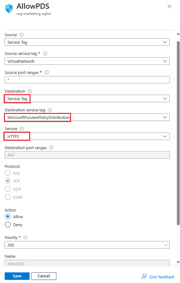 Screenshot che mostra come configurare la regola di sicurezza in uscita in Purview