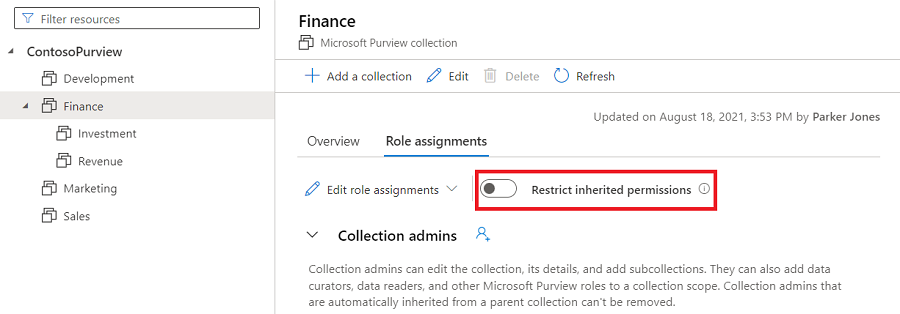 Screenshot della finestra di raccolta del portale di governance di Microsoft Purview, con la scheda assegnazioni di ruolo selezionata e il pulsante di diapositiva Limita autorizzazioni ereditate evidenziato.