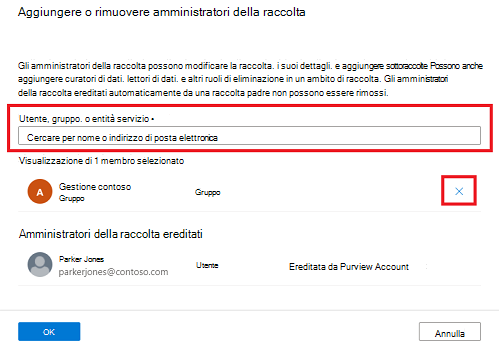 Screenshot della finestra di amministrazione della raccolta del portale di governance di Microsoft Purview con la barra di ricerca evidenziata.