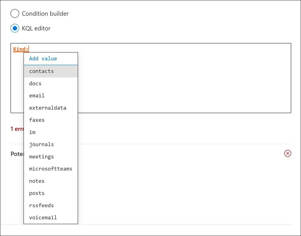 L'editor KQL suggerisce i valori per alcune proprietà