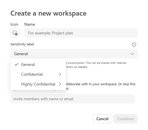 Microsoft Loop creazione dell'area di lavoro che visualizza etichette di riservatezza per proteggere l'accesso ai dati nell'area di lavoro.