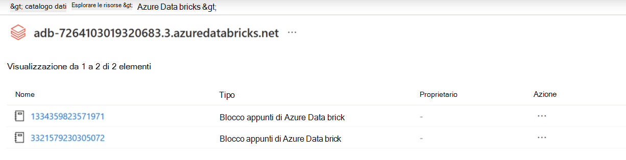 Screenshot dei notebook di esplorazione presenti nell'asset dell'area di lavoro azure Databricks Unity Catalog associato.