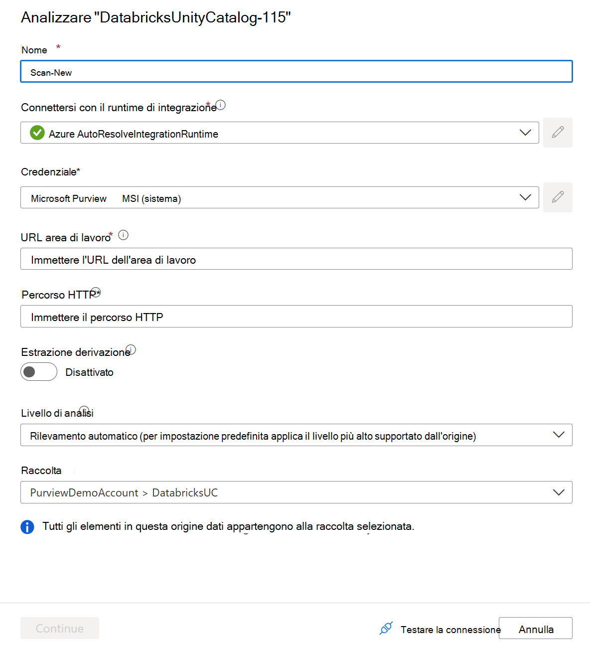 Screenshot della configurazione dell'analisi del catalogo Unity di Azure Databricks.