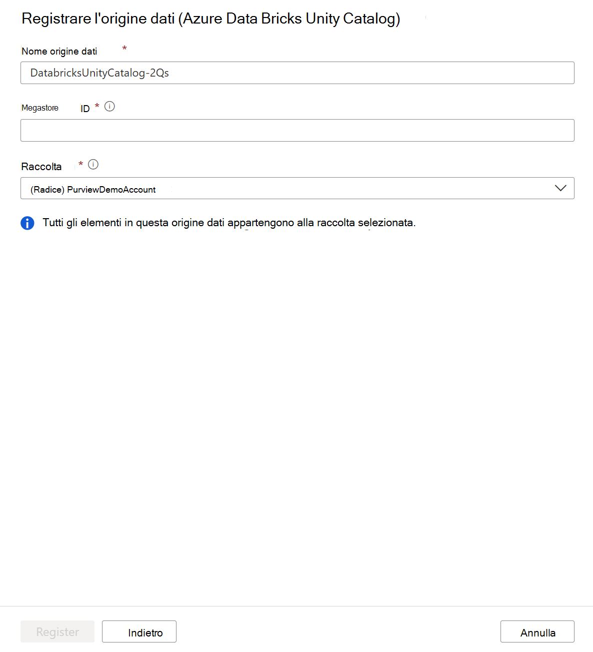 Screenshot della registrazione dell'origine del catalogo Unity di Azure Databricks.