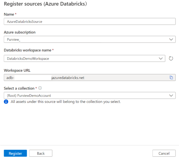 Screenshot della registrazione dell'origine Azure Databricks.