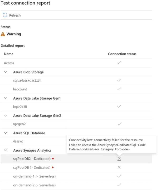 Screenshot che mostra un report di connessione di test di esempio, con alcune connessioni passate e alcune non riuscite. Il passaggio del mouse su una delle connessioni non riuscite mostra un report di errore dettagliato.