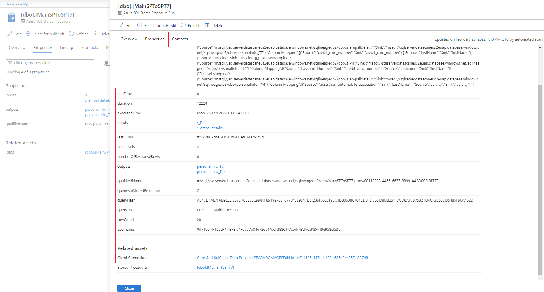 Screenshot che mostra le proprietà di esecuzione per una stored procedure.