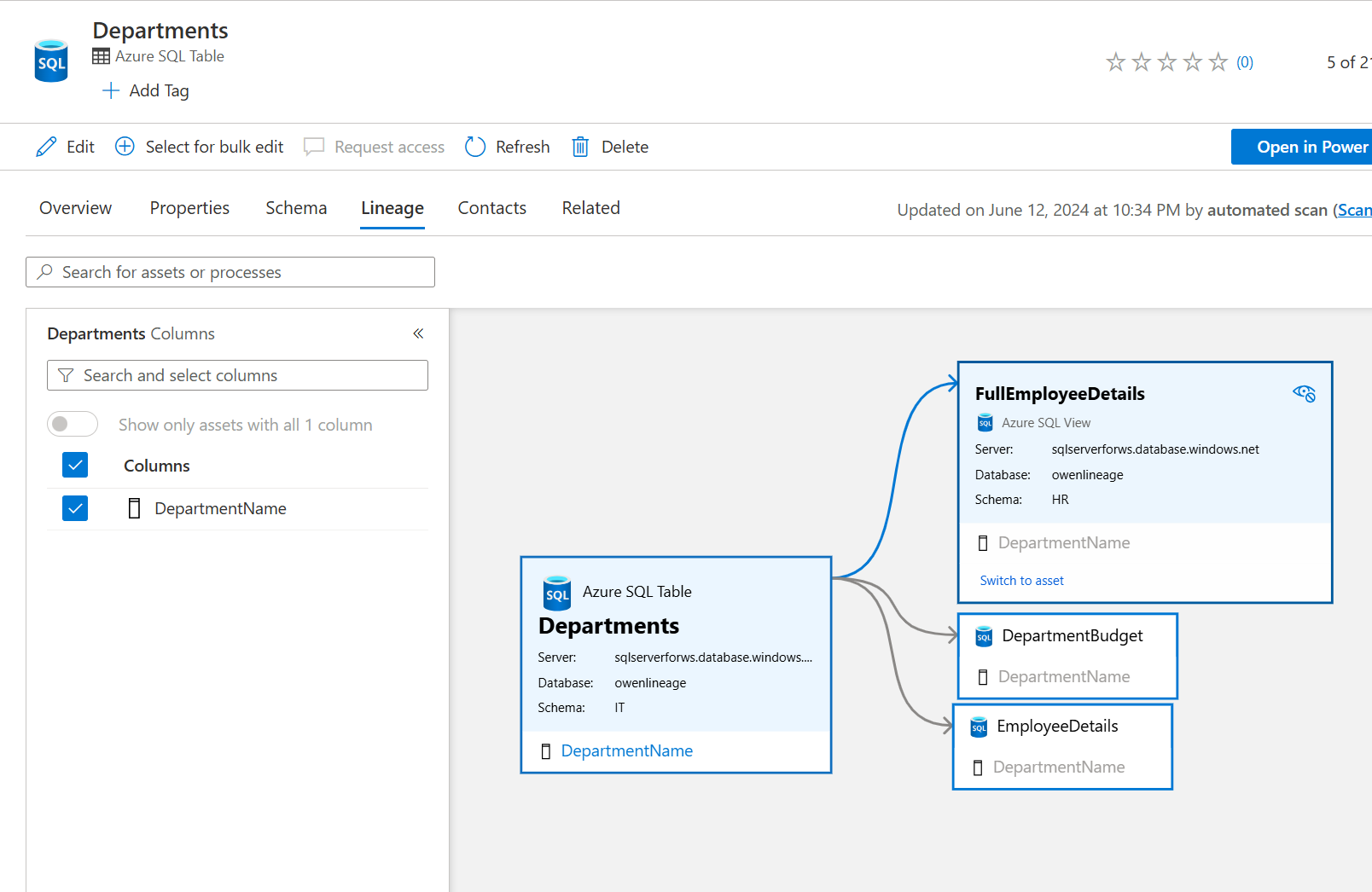 Screenshot che mostra i dettagli di derivazione per le visualizzazioni del database SQL.