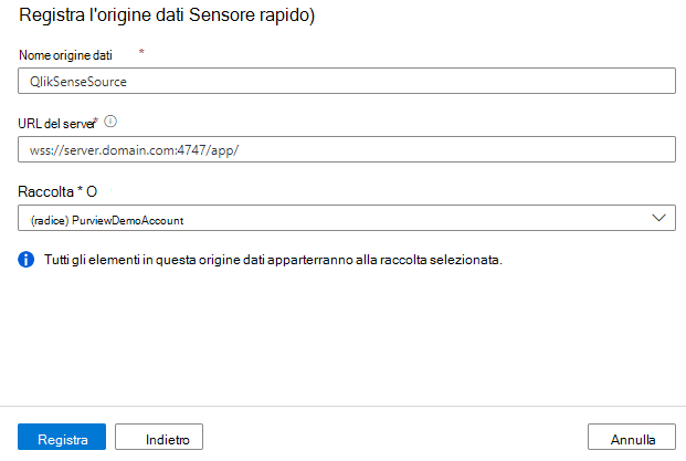 Screenshot della registrazione di un'origine Qlik Sense.