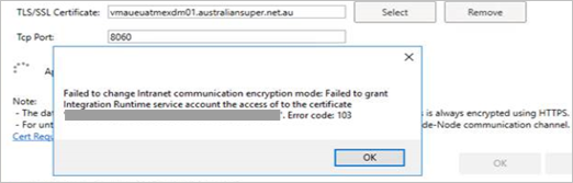 Screenshot che mostra il messaggio &di errore quot;... Impossibile concedere Integration Runtime'accesso&al certificato dell'account del servizio quot;.