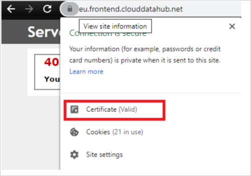 Screenshot del riquadro del certificato del server di controllo del servizio Azure Data Factory.