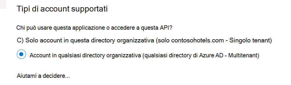 Screenshot del tipo di account che supporta il multi-tenant.