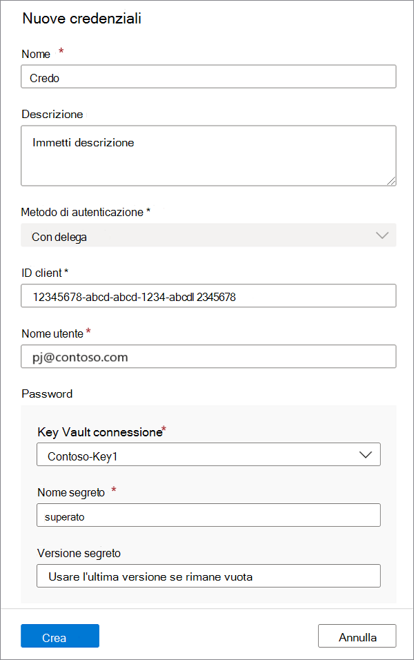 Screenshot del nuovo menu delle credenziali, che mostra le credenziali dell'infrastruttura per l'autenticazione delegata con tutti i valori obbligatori forniti.