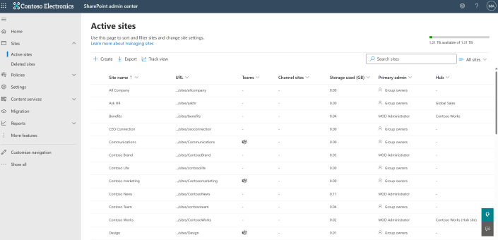 Pagina Siti attivi nell'interfaccia di amministrazione di SharePoint