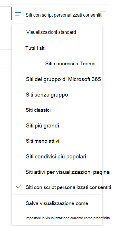 Screenshot dell'elenco delle visualizzazioni predefinite, che include la visualizzazione 