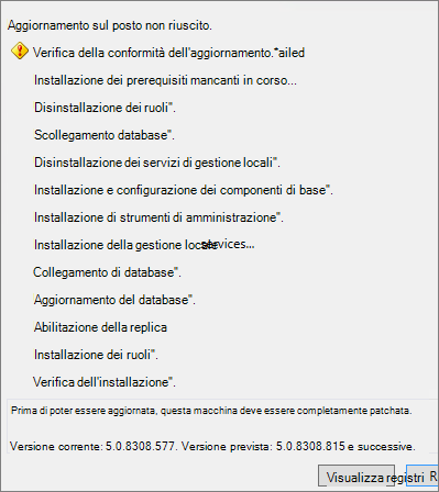 Screenshot che mostra un errore di aggiornamento sul posto perché non è installato un aggiornamento cumulativo richiesto.