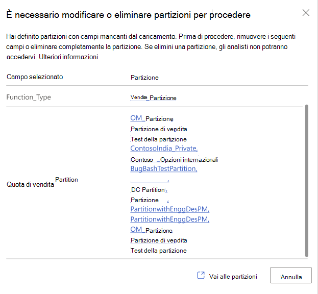 Screenshot di un errore per le partizioni che usano campi mancanti da un caricamento. Contiene una tabella con il campo Selected e le colonne Partition.