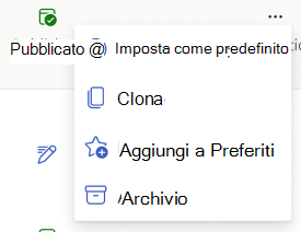 Screenshot che mostra il menu di scelta rapida Azioni, tra cui default, Clone, Favorite, Archive e Delete